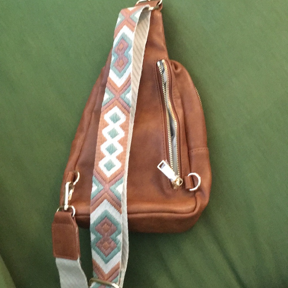 BUNULU Brown Leather Sling Bag with Patterned Strap